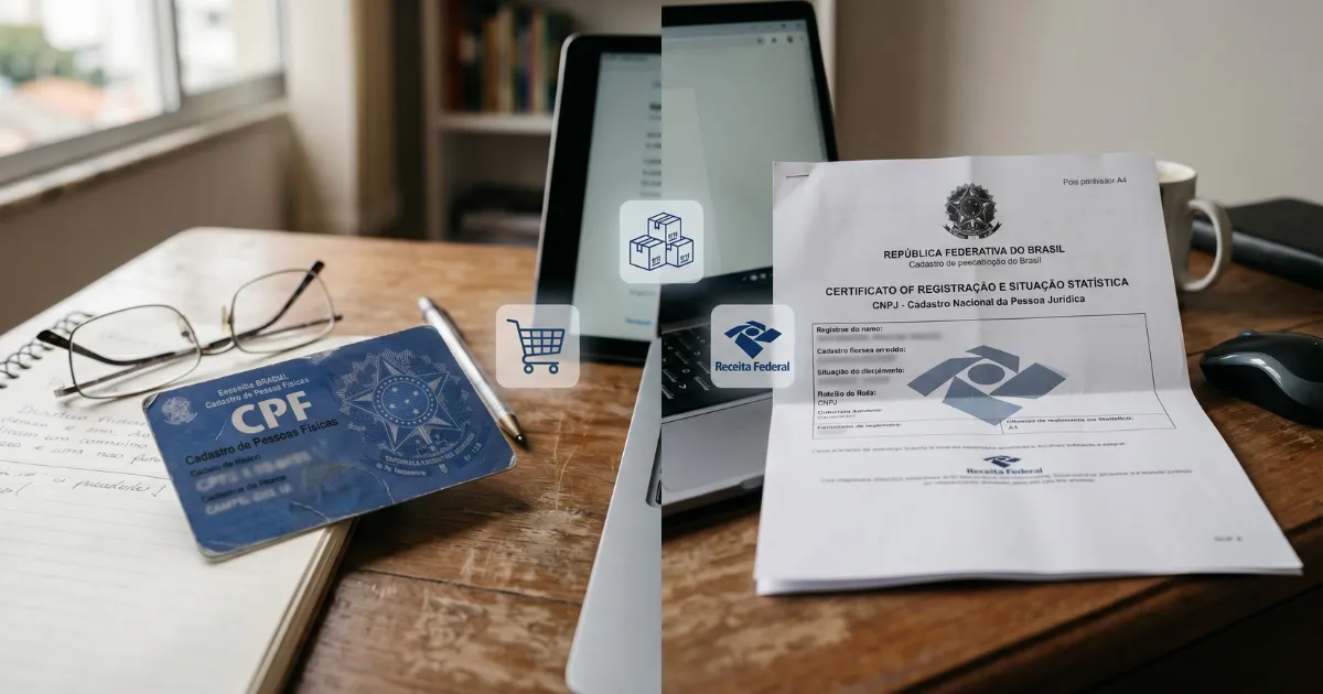 Comparação visual entre um documento de CPF e um CNPJ lado a lado, com ícones de vendas online, caixas de envio e o símbolo da Receita Federal, representando a decisão crítica entre vender como pessoa física ou abrir empresa para e-commerce no Brasil.