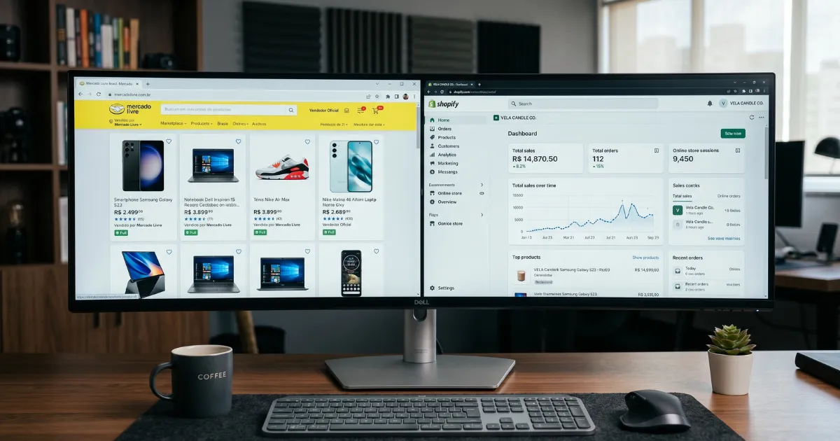 Comparação entre interface de marketplace ou loja própria Shopify lado a lado em telas de computador, representando as duas estratégias de venda online em 2026.